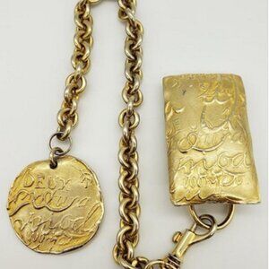 DONNA KARAN Vintage Gold Tone Belt Clip & Hanging Charm Medallion